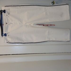 Talbots White Ankle Pants with Navy Side Stripes